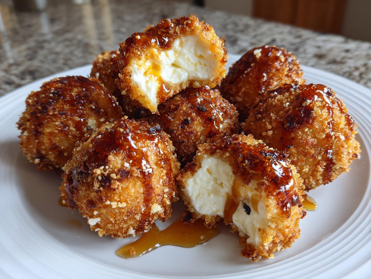A plate of golden brown, fried goat cheese balls drizzled with sweet honey, one cut open showing the creamy interior.