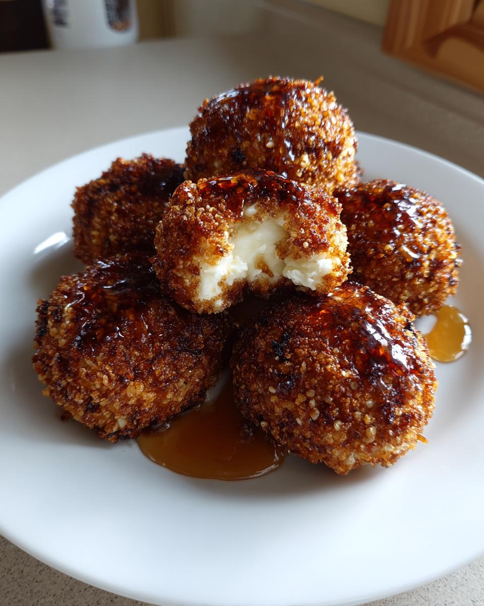 Five golden, crispy fried goat cheese balls drizzled with honey, one is broken open showing the creamy center.