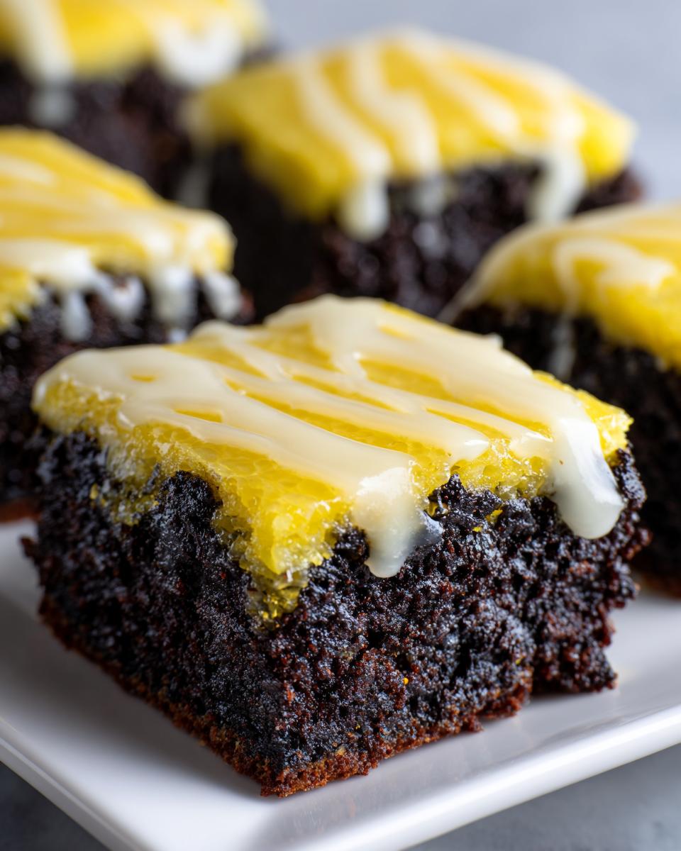 Close-up of a fudgy, dark chocolate lemon brownies square topped with bright yellow lemon layer and white drizzle.