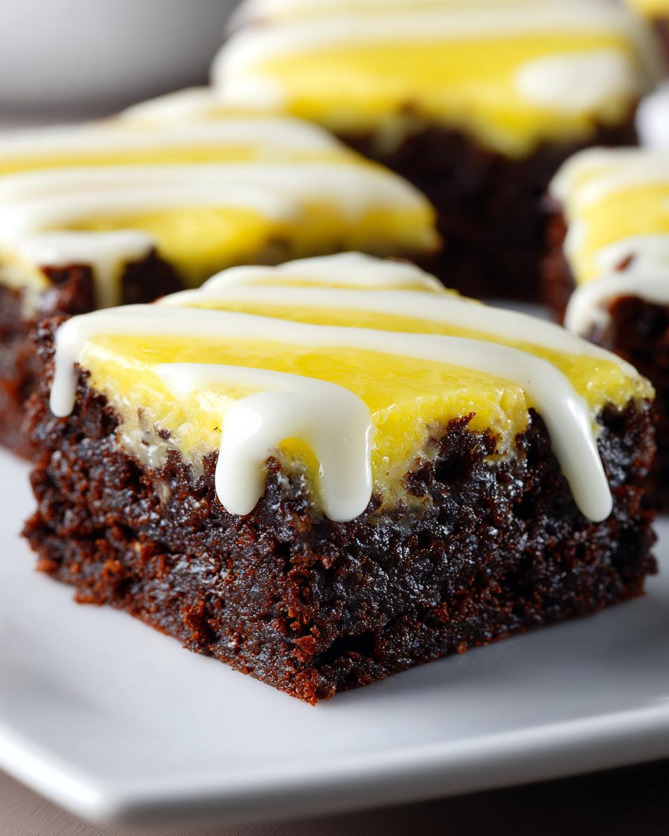 Close-up of a fudgy lemon brownie square topped with bright yellow lemon layer and white icing drizzle.