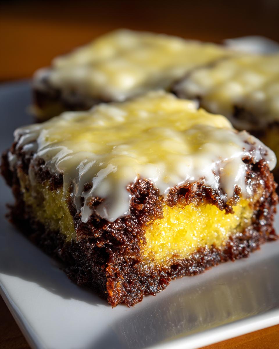 Close-up of a fudgy lemon brownies square showing a rich dark chocolate crust and a bright yellow lemon filling, topped with white glaze.
