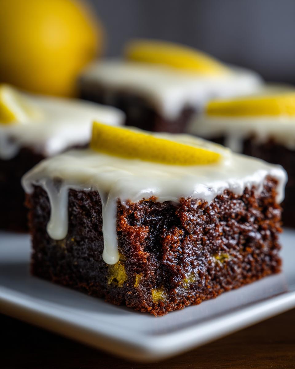 Close-up of a fudgy, dark lemon brownies square topped with thick white glaze and a lemon slice.