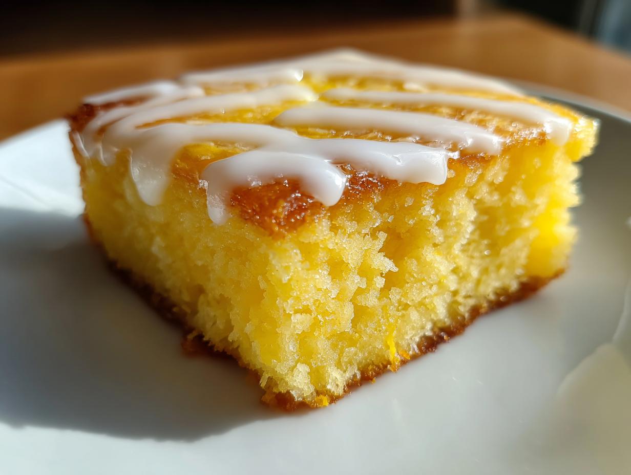 A close-up shot of a square slice of bright yellow, fudgy lemon brownies topped with white lemon glaze.