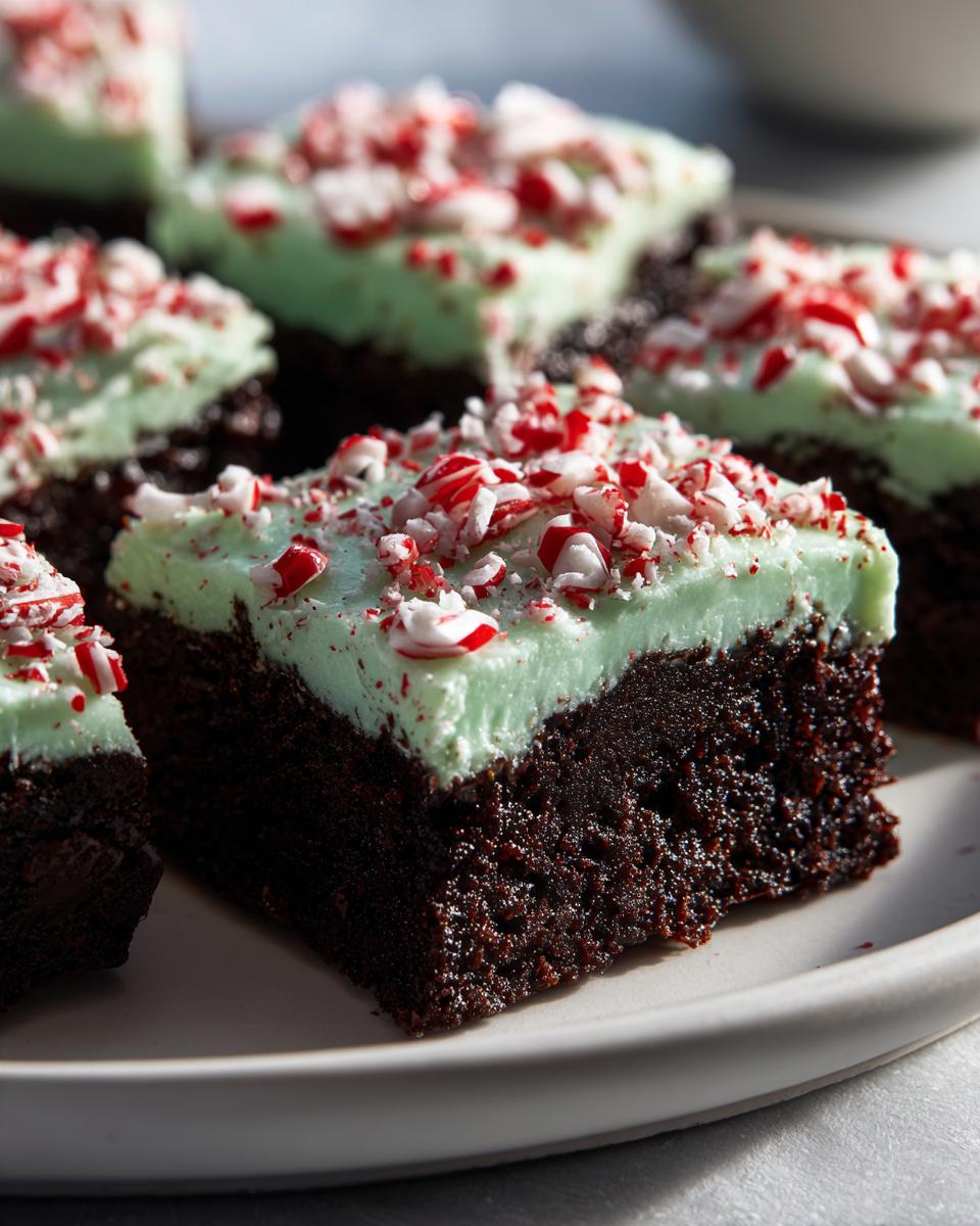 Close-up of fudgy peppermint brownies topped with light green mint frosting and crushed candy canes.