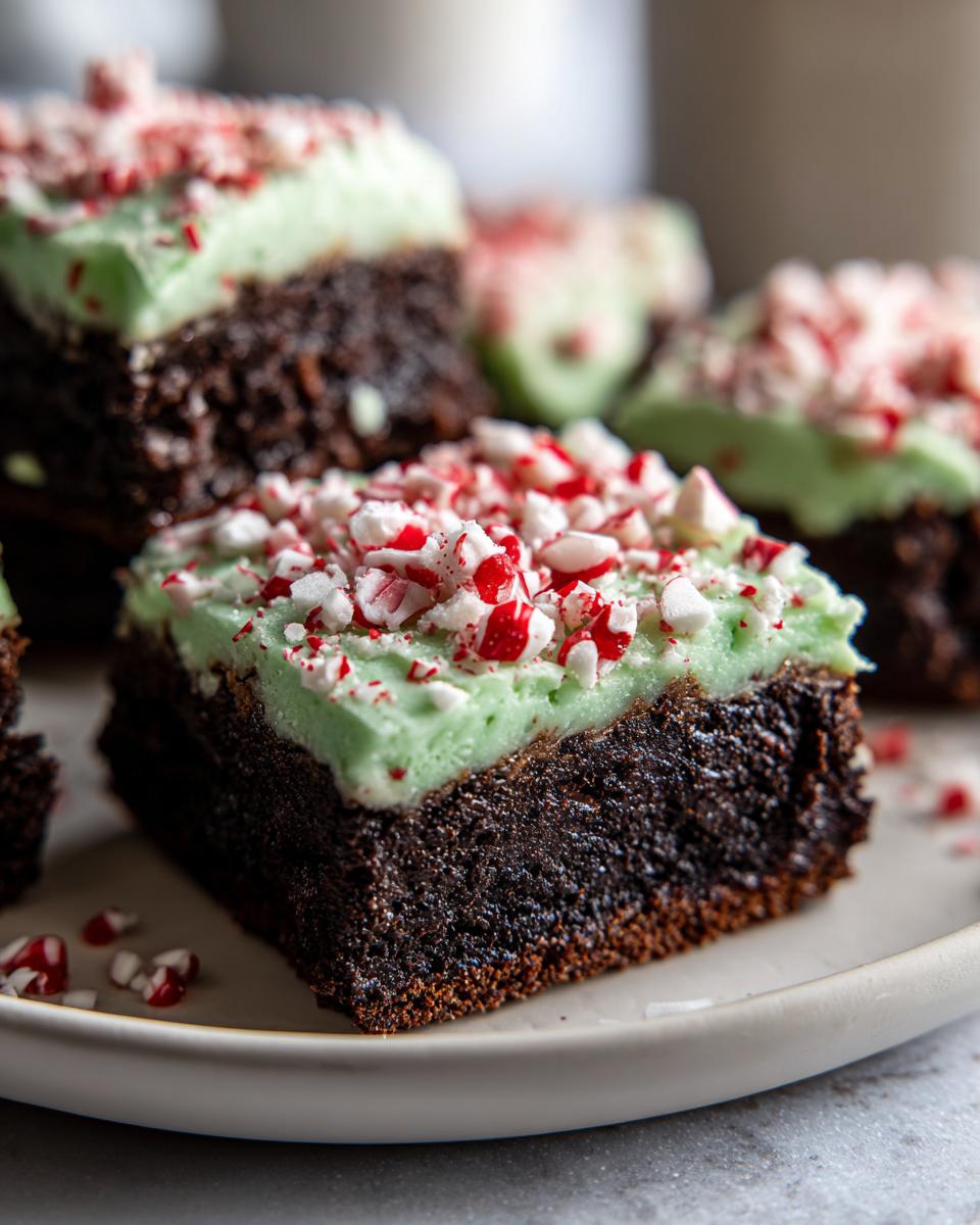 A close-up of a fudgy peppermint brownie topped with light green mint frosting and crushed candy canes.
