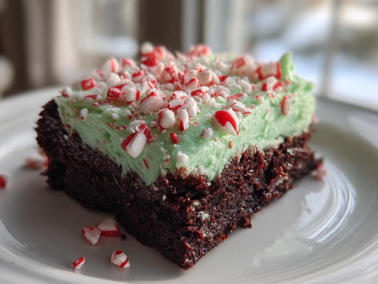 A close-up of a fudgy peppermint brownie square topped with light green mint frosting and crushed candy canes.