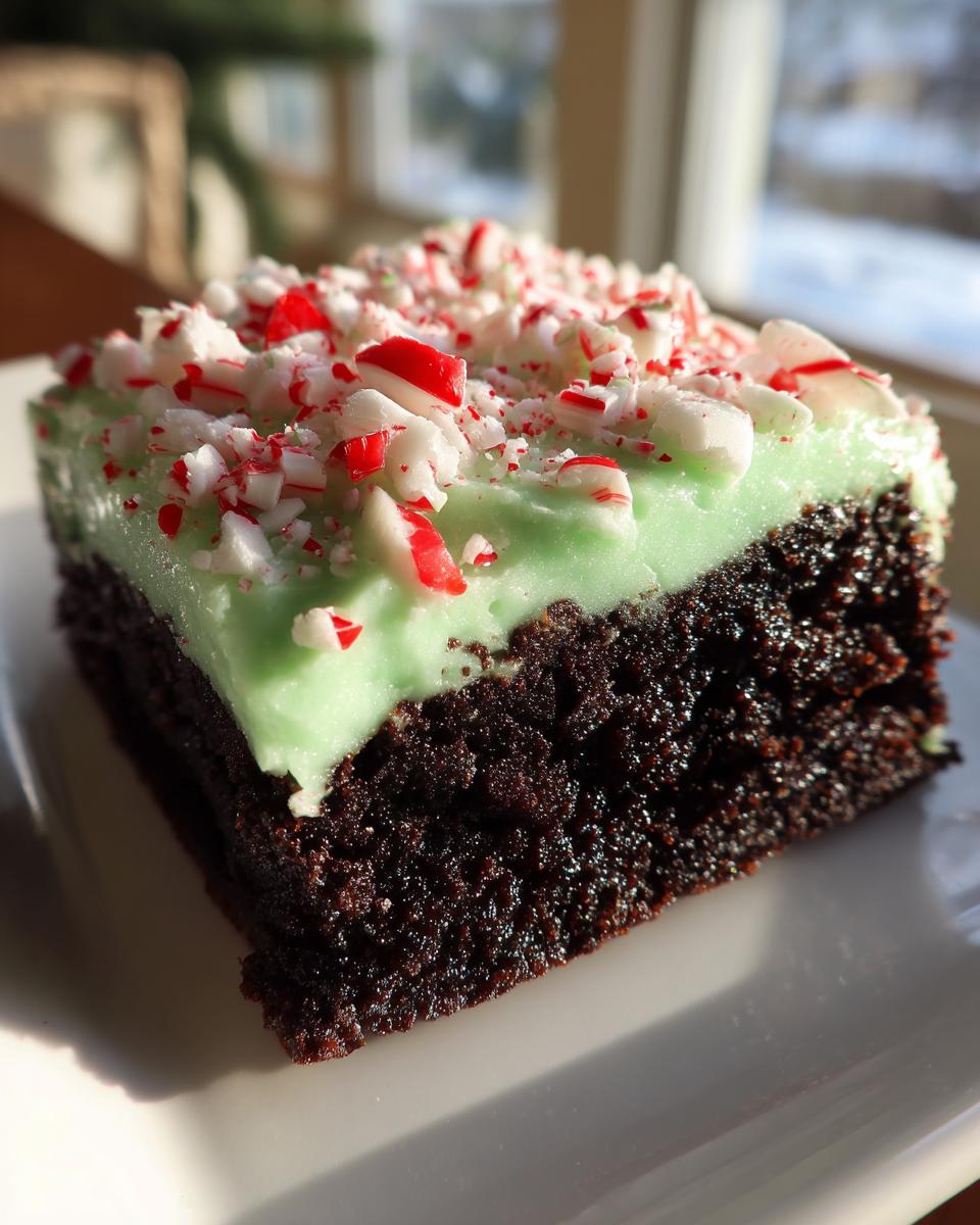 A close-up of a fudgy peppermint brownie slice topped with bright green mint frosting and crushed candy canes.