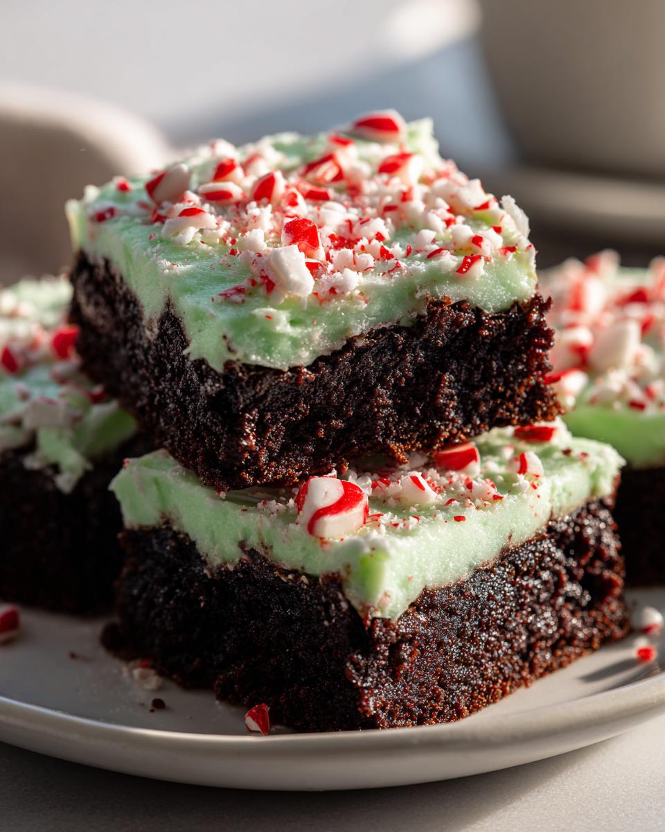 Close-up of stacked fudgy peppermint brownies topped with light green mint frosting and crushed candy canes.