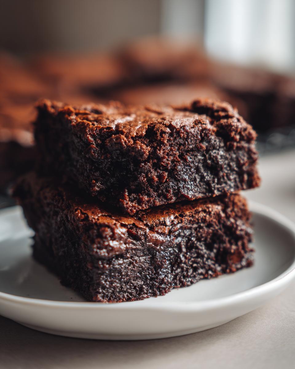 Two rich, fudgy sweet potato brownies stacked on a small white plate, showing a crackly top.