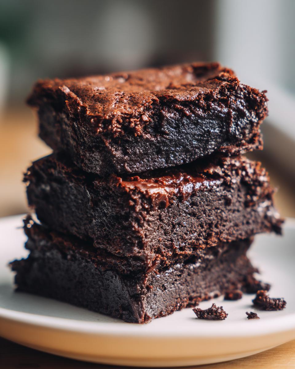 A close-up stack of three incredibly fudgy sweet potato brownies with shiny tops on a white plate.