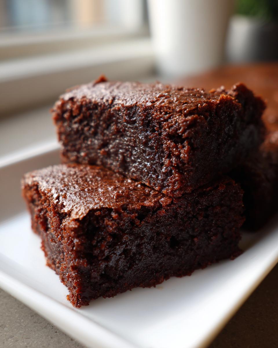 Two fudgy, dark chocolate sweet potato brownies stacked on a white plate, showcasing their moist texture.