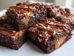 Close-up of fudgy Turtle Brownies stacked, oozing caramel, topped with pecans and flaky sea salt.