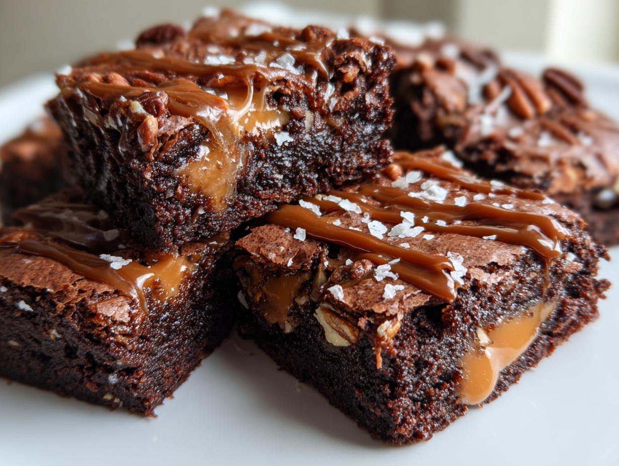 Close-up of fudgy Turtle Brownies stacked, oozing caramel, topped with pecans and flaky sea salt.