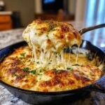 A spoonful of cheesy Garlic Parmesan Chicken Bake being lifted, showing dramatic cheese pulls.