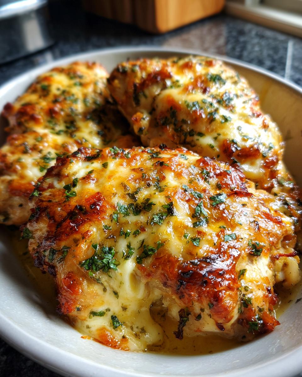 Close-up of three portions of Garlic Parmesan Chicken Bake covered in bubbly, browned cheese and fresh parsley.