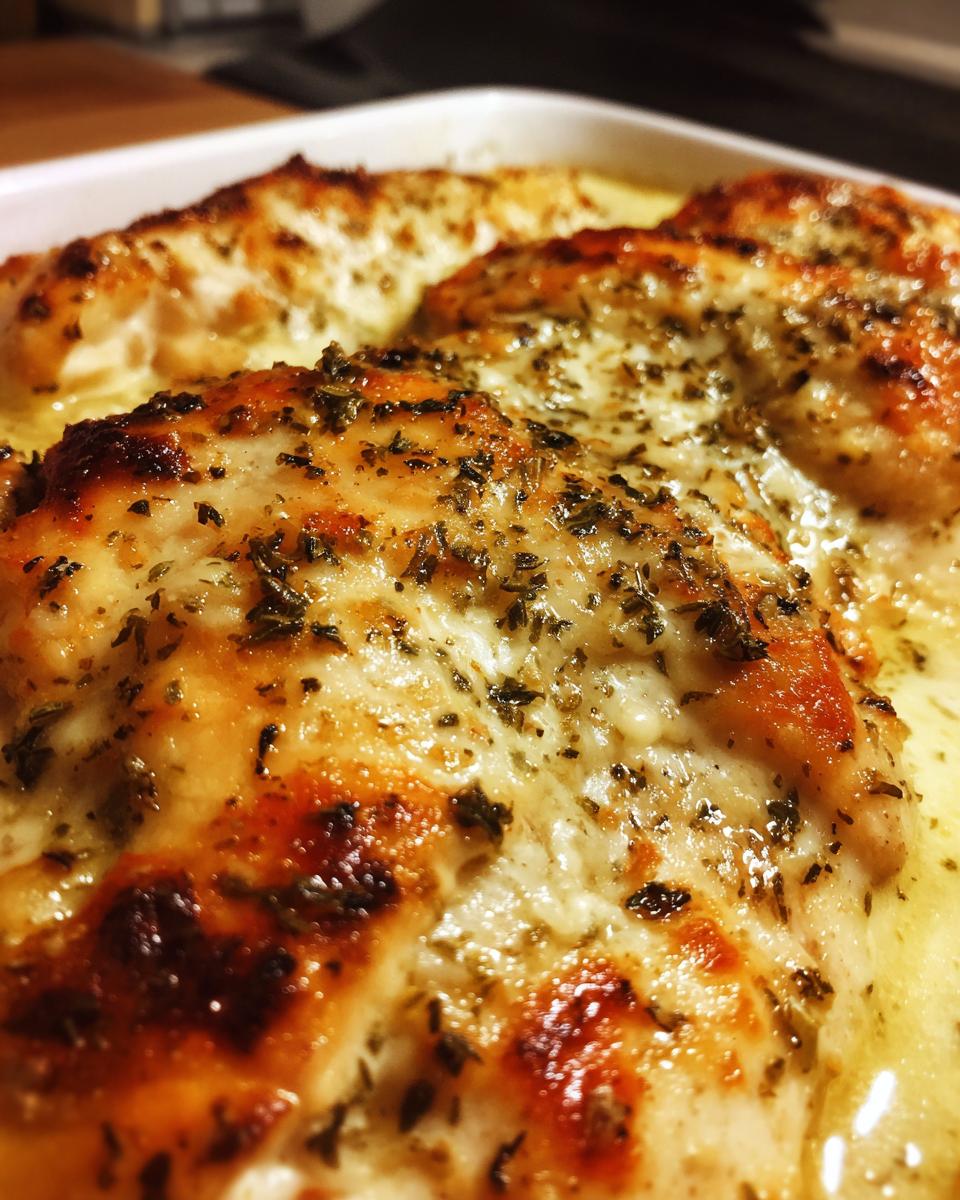 Close-up of golden-brown Garlic Parmesan Chicken Bake topped with melted cheese and herbs.
