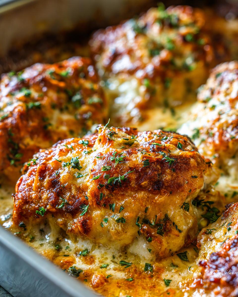 Close-up of baked chicken breasts covered in melted cheese and herbs, swimming in a creamy sauce from the Garlic parmesan chicken bake.