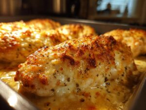 Close-up of juicy chicken breasts baked with a golden, cheesy garlic parmesan topping.
