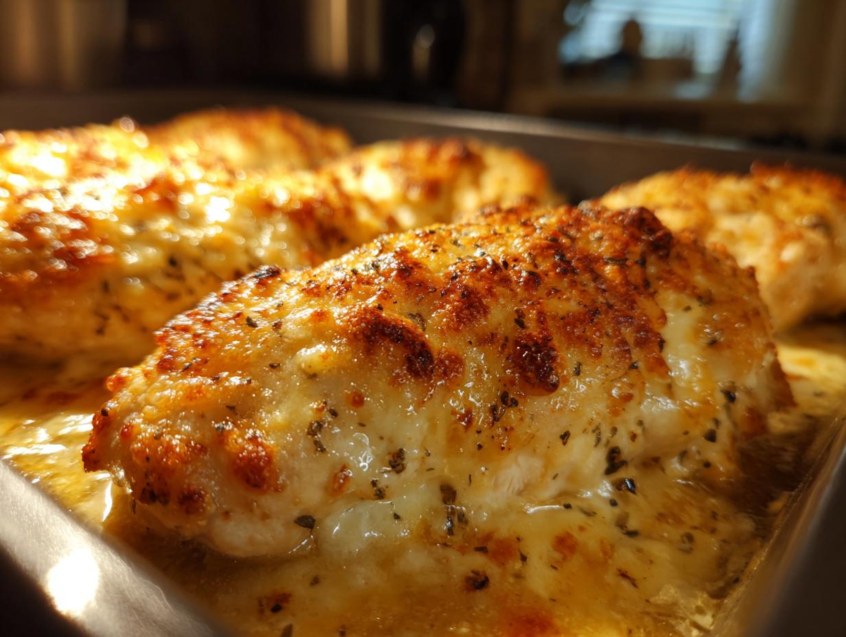 Close-up of juicy chicken breasts baked with a golden, cheesy garlic parmesan topping.