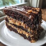 A decadent slice of german chocolate cake showing rich dark layers and coconut-pecan filling.