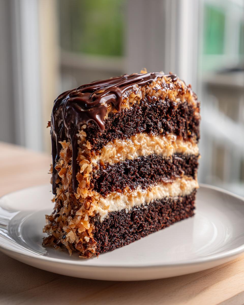 A tall slice of german chocolate cake featuring dark layers, coconut pecan filling, and chocolate glaze.