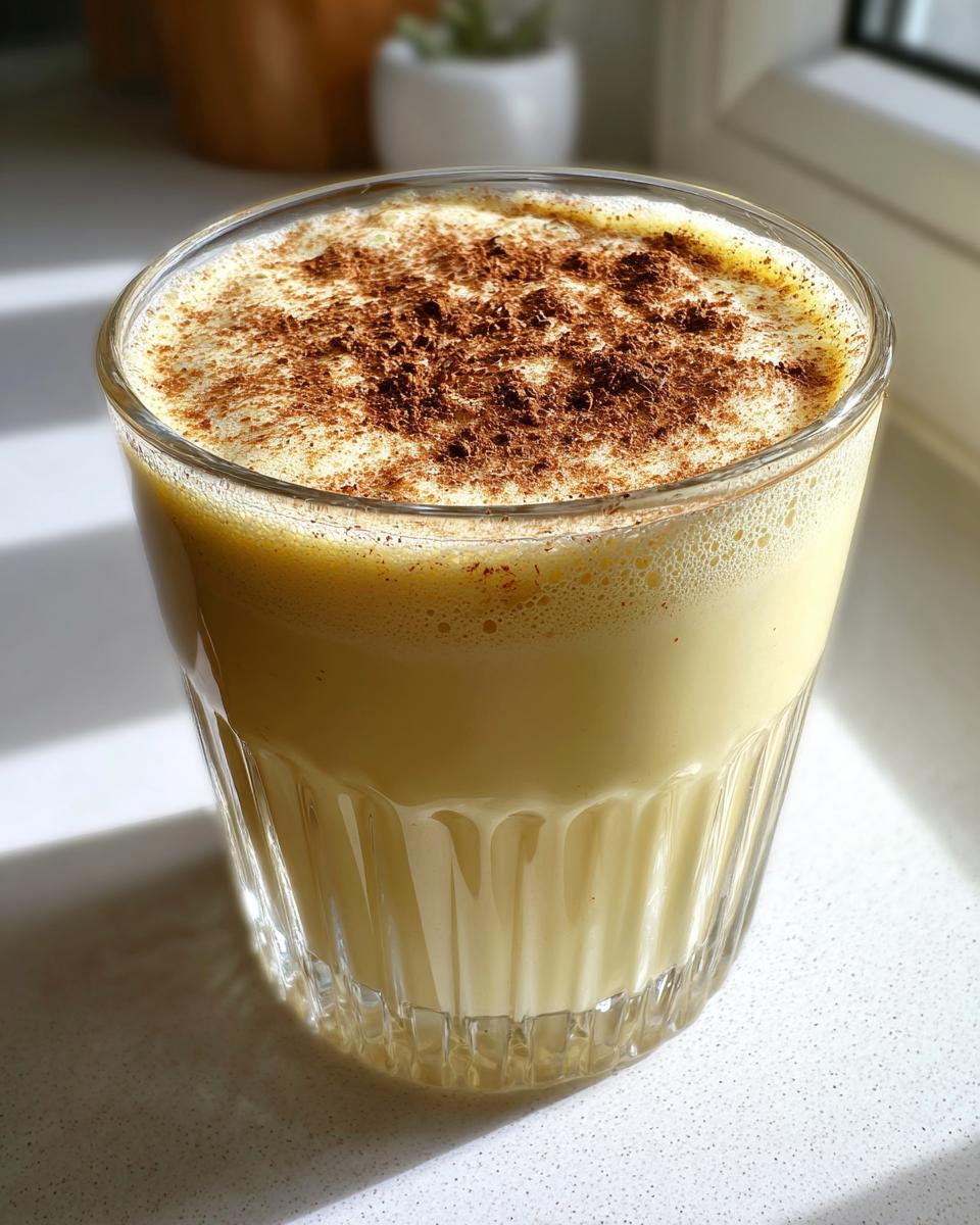 A glass filled with creamy, yellow homemade eggnog, topped with a generous dusting of cinnamon.