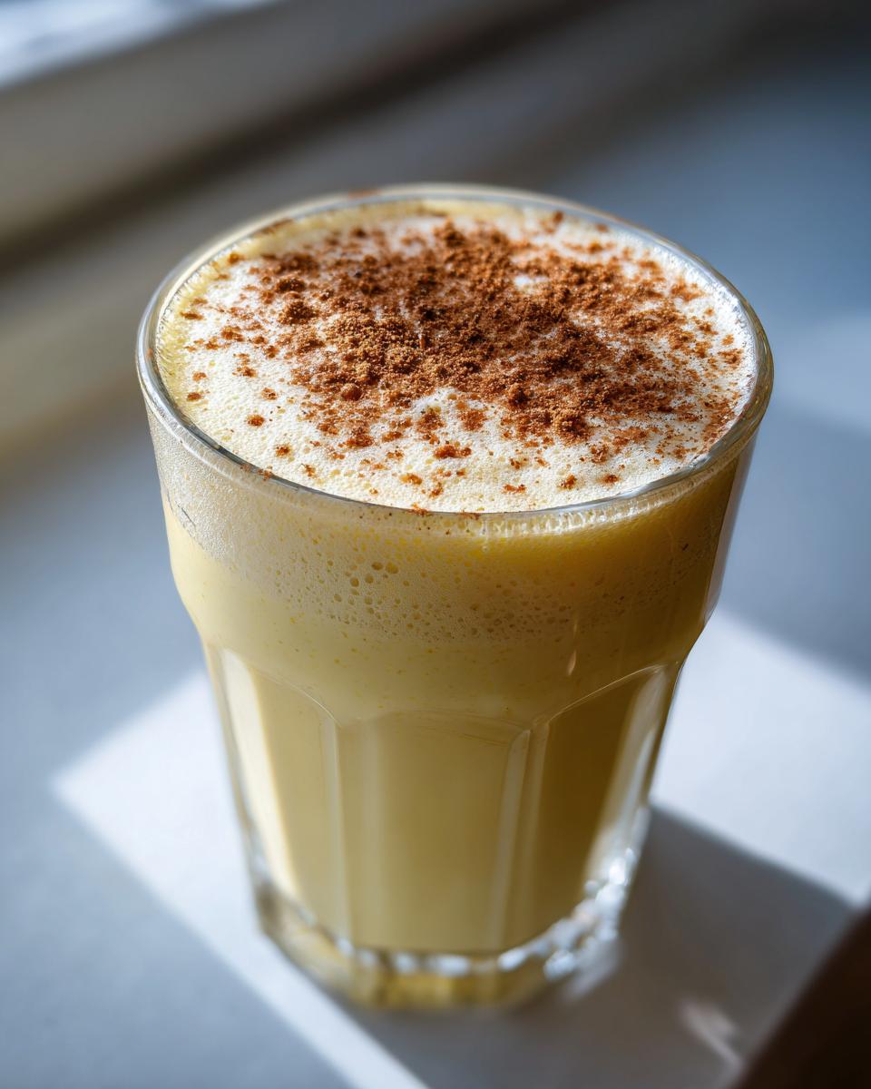 Close-up of a tall glass filled with creamy, yellow homemade eggnog, topped with a dusting of cinnamon.