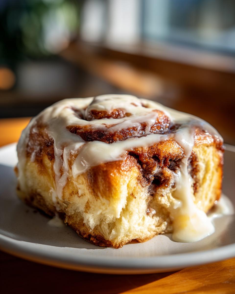 A close-up, appetizing shot of a single, freshly baked cinnamon roll covered in thick white icing, sitting on a plate.