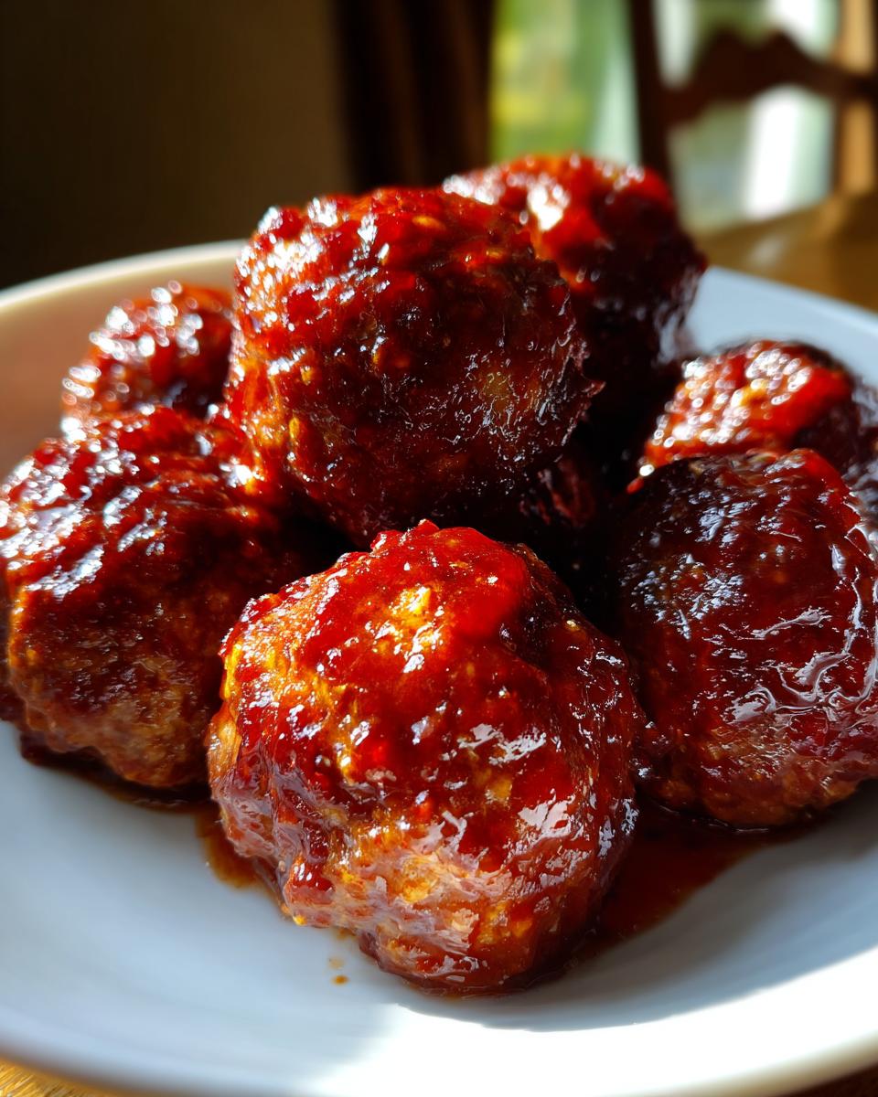 Close-up of several glossy, saucy cranberry meatballs piled in a white serving dish.