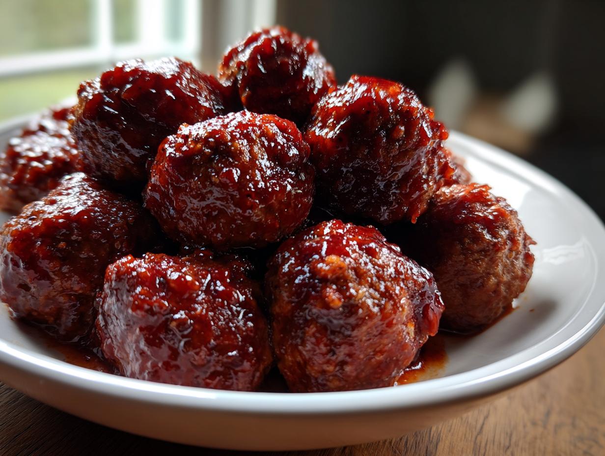 A close-up of several glossy, saucy cranberry meatballs piled high on a white plate.