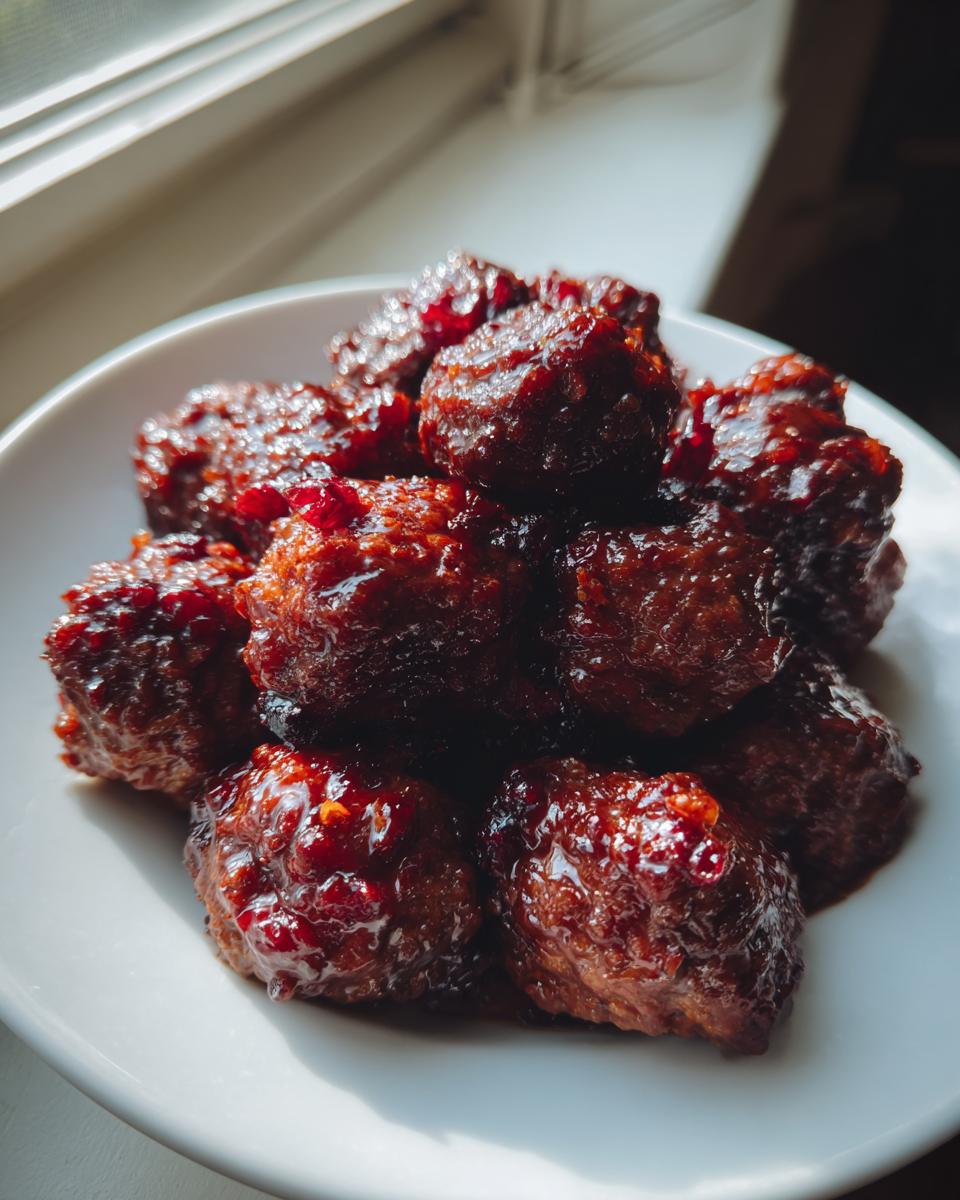 A close-up of several glossy, dark red cranberry meatballs piled high on a white plate, catching sunlight from a window.