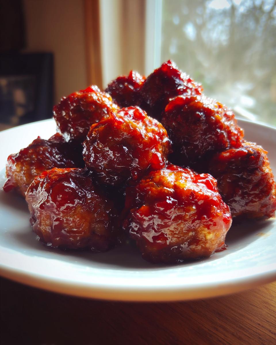 A close-up of several glazed cranberry meatballs piled high on a white plate, glistening under warm light.