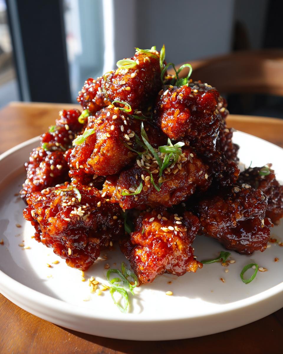 A mound of sticky, glazed korean fried chicken pieces garnished with sesame seeds and green onions.