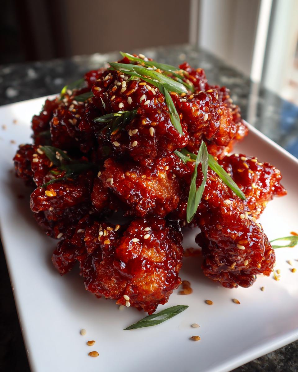 A pile of sticky, glossy korean fried chicken pieces coated in a dark red sauce and topped with sesame seeds and green onions.