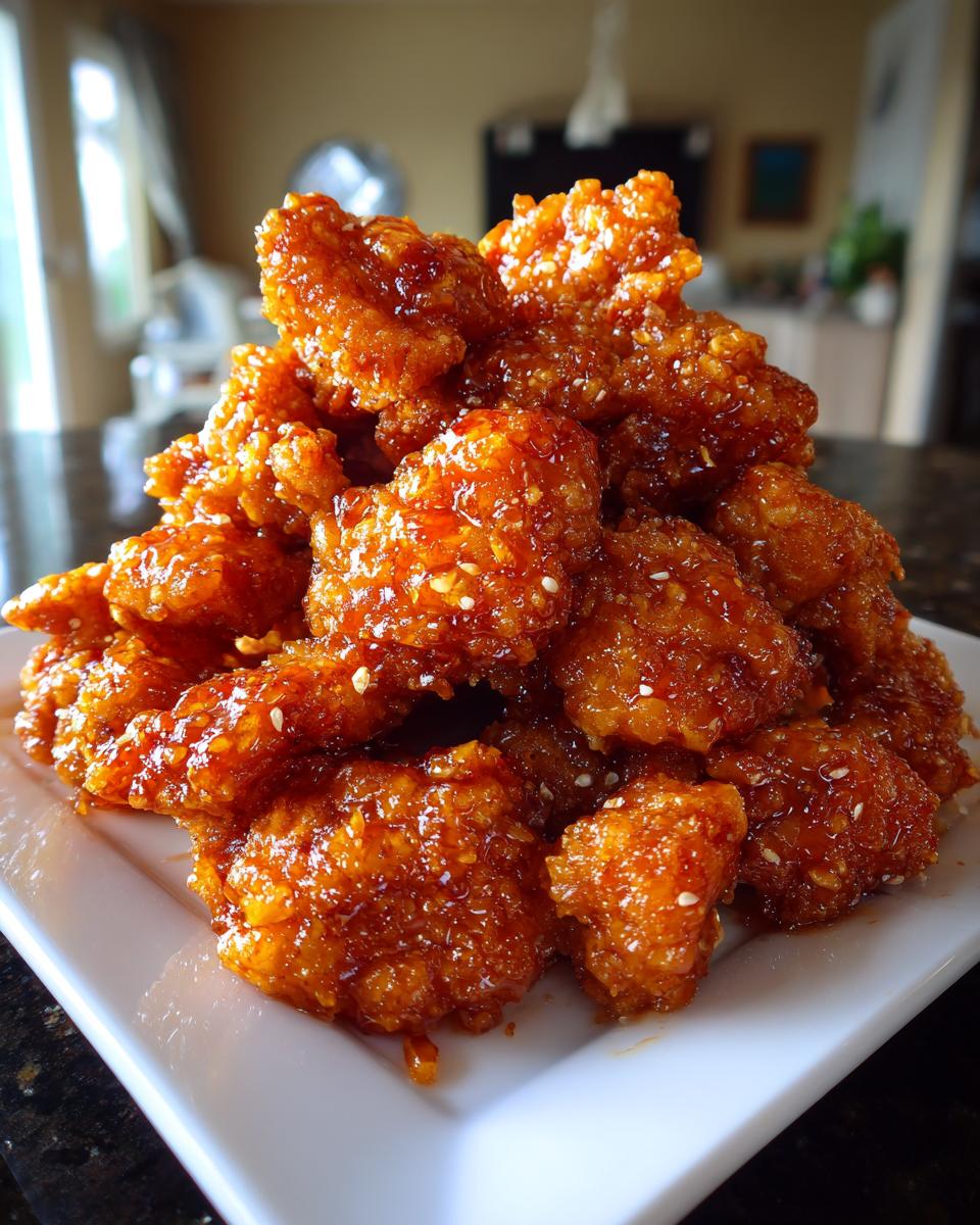 A close-up of crispy, glazed pieces of orange chicken piled high on a white square plate.