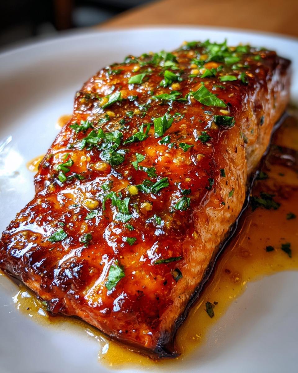 Close-up of a perfectly cooked, glazed salmon fillet topped with fresh chopped parsley.