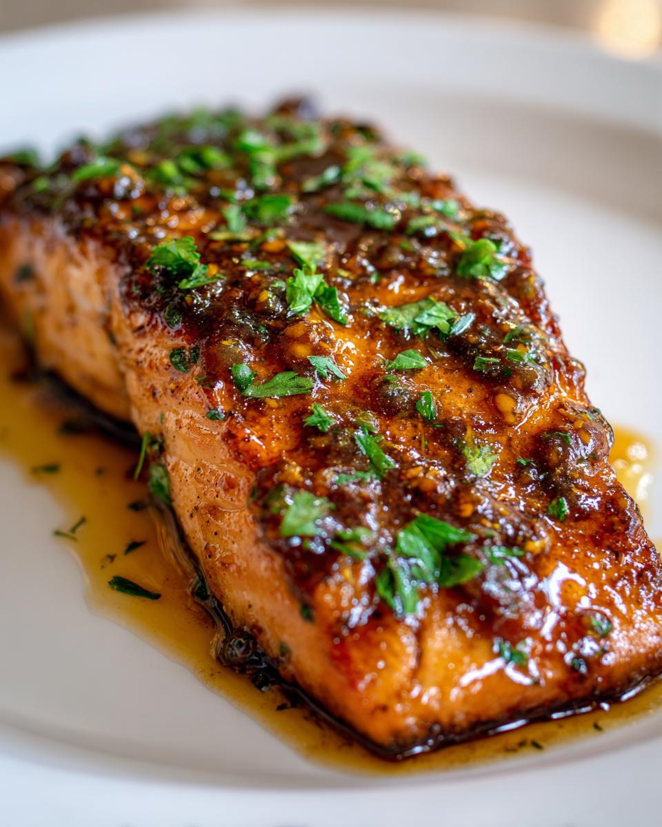 Close-up of a perfectly cooked, glazed salmon fillet topped with fresh parsley, ready to eat.