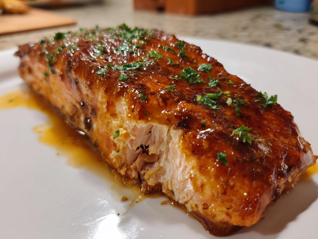Close-up of a perfectly cooked, glazed salmon fillet topped with fresh parsley on a white plate.