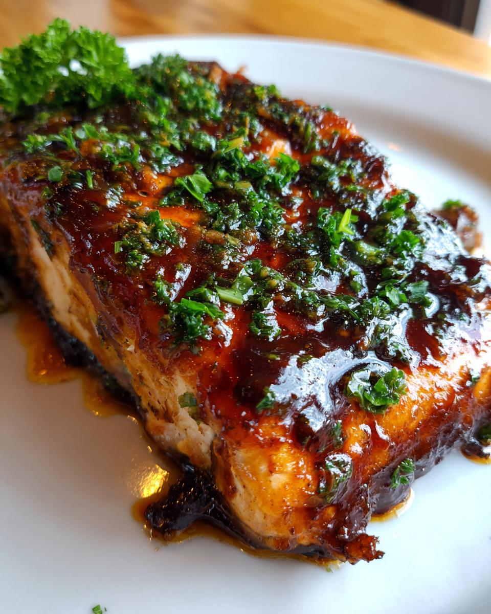 Close-up of a perfectly cooked salmon fillet covered in a rich, dark glaze and fresh chopped parsley.