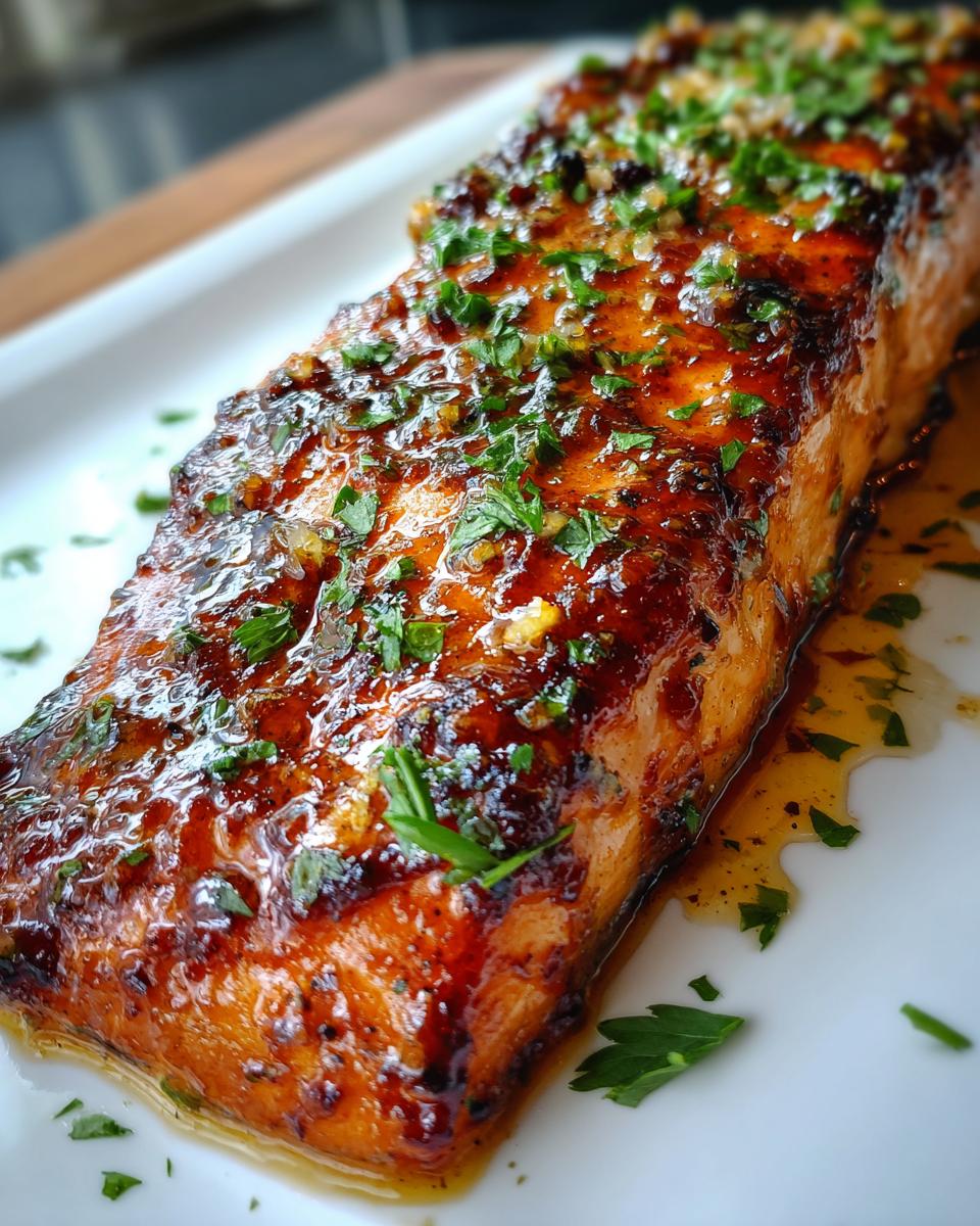 Close-up of a perfectly cooked, glazed salmon fillet topped with fresh parsley.