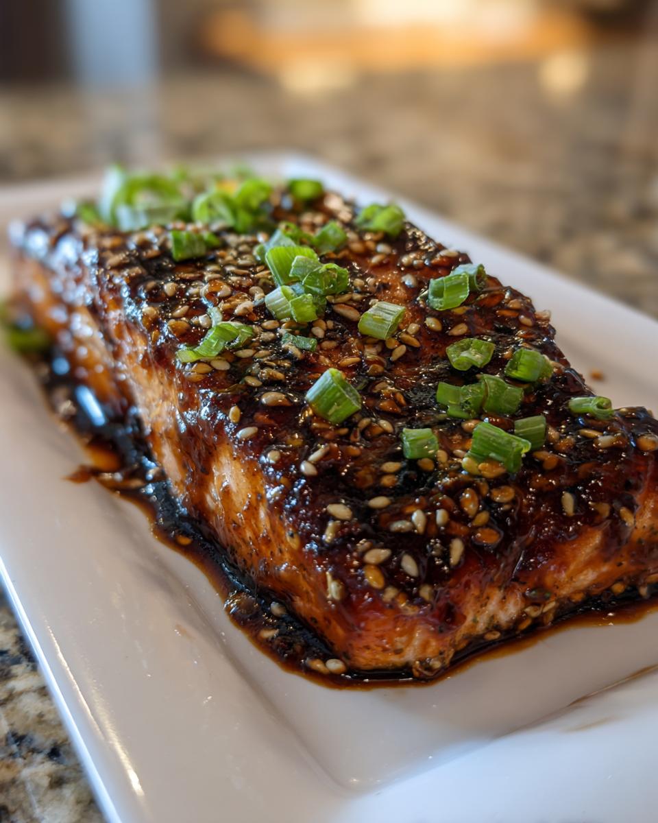Close-up of a perfectly cooked piece of teriyaki salmon covered in a dark, glossy glaze, sesame seeds, and chopped green onions.