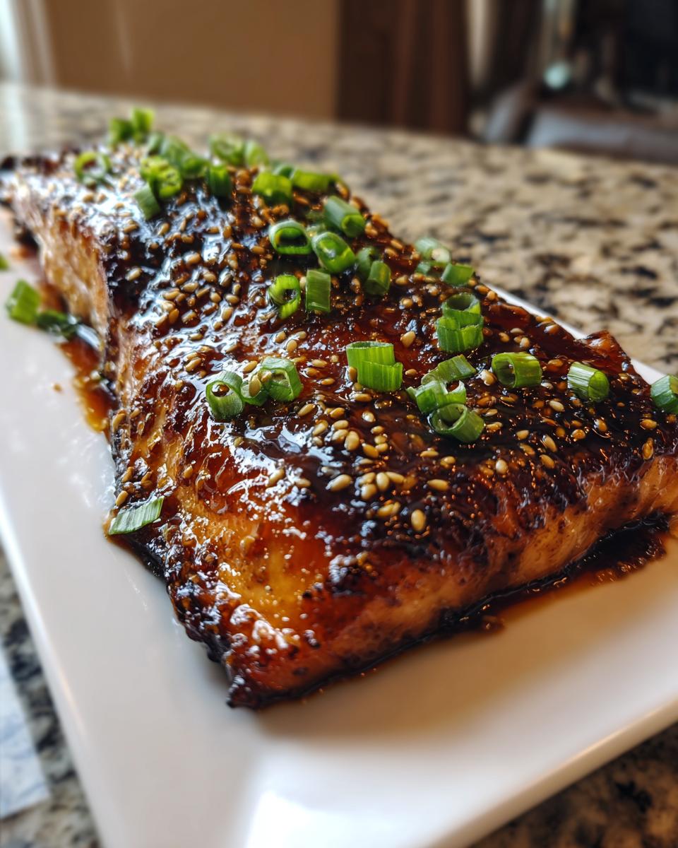 Close-up of a perfectly cooked piece of teriyaki salmon glazed with a dark sauce, sprinkled with sesame seeds and chopped green onions.
