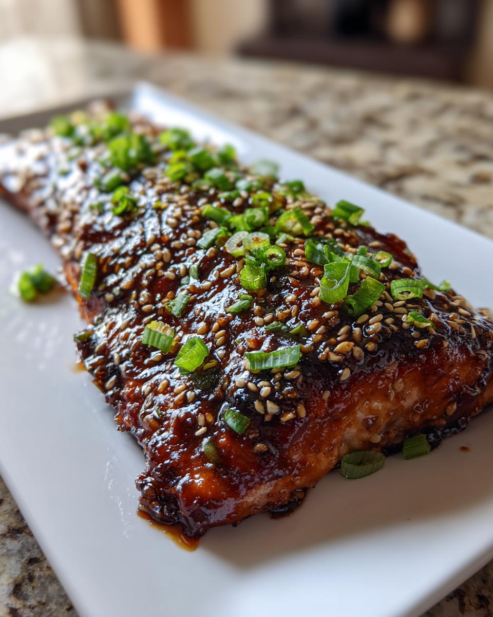 A close-up of a perfectly cooked teriyaki salmon fillet glazed with a rich sauce, topped with sesame seeds and chopped green onions.