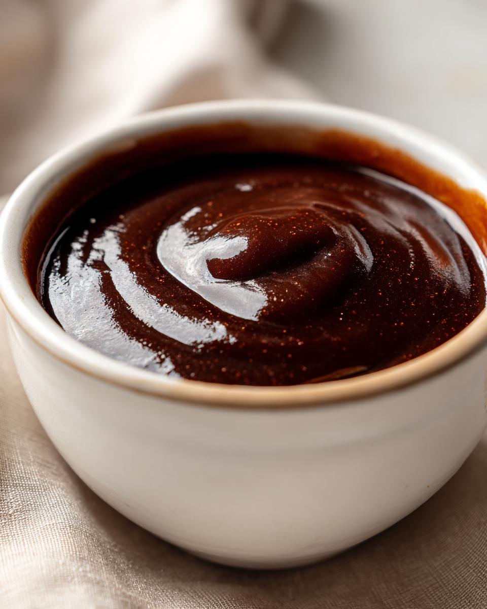 Close-up of thick, glossy homemade brown gravy swirled in a small white serving bowl.