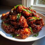 A plate piled high with glossy, dark glazed korean fried chicken pieces, topped with sesame seeds and green onions.