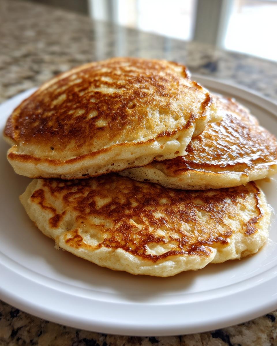 A stack of three fluffy, golden brown banana oatmeal pancakes served on a white plate.