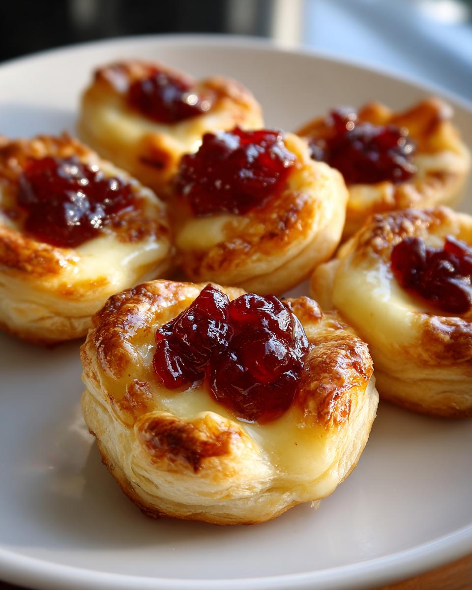 Close-up of several golden baked cranberry brie bites featuring melted brie and a dollop of dark red cranberry sauce.