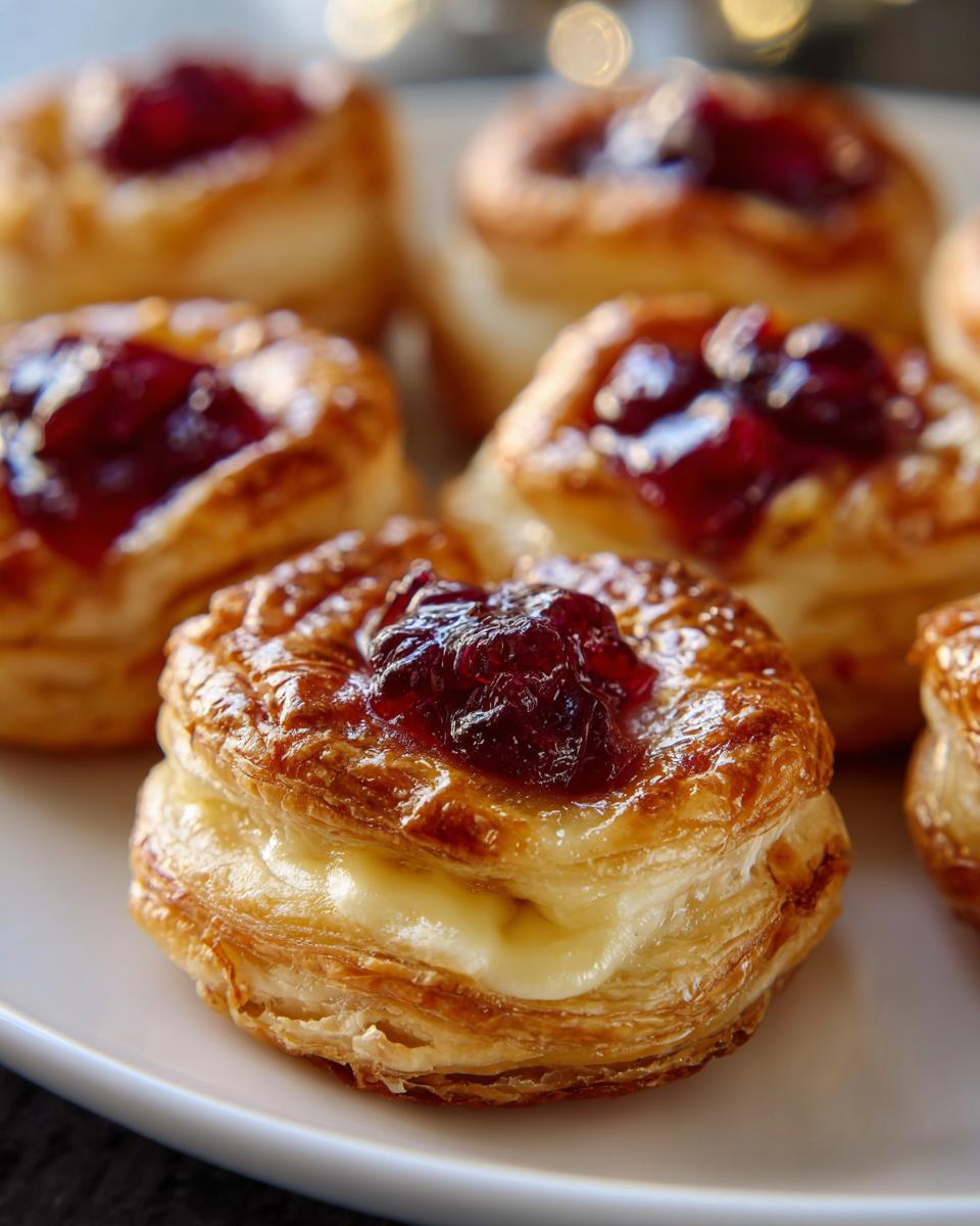 Close-up of freshly baked cranberry brie bites with melted brie cheese and cranberry topping.