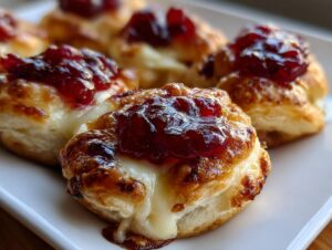 Close-up of warm cranberry brie bites featuring melted brie cheese oozing out from golden puff pastry.