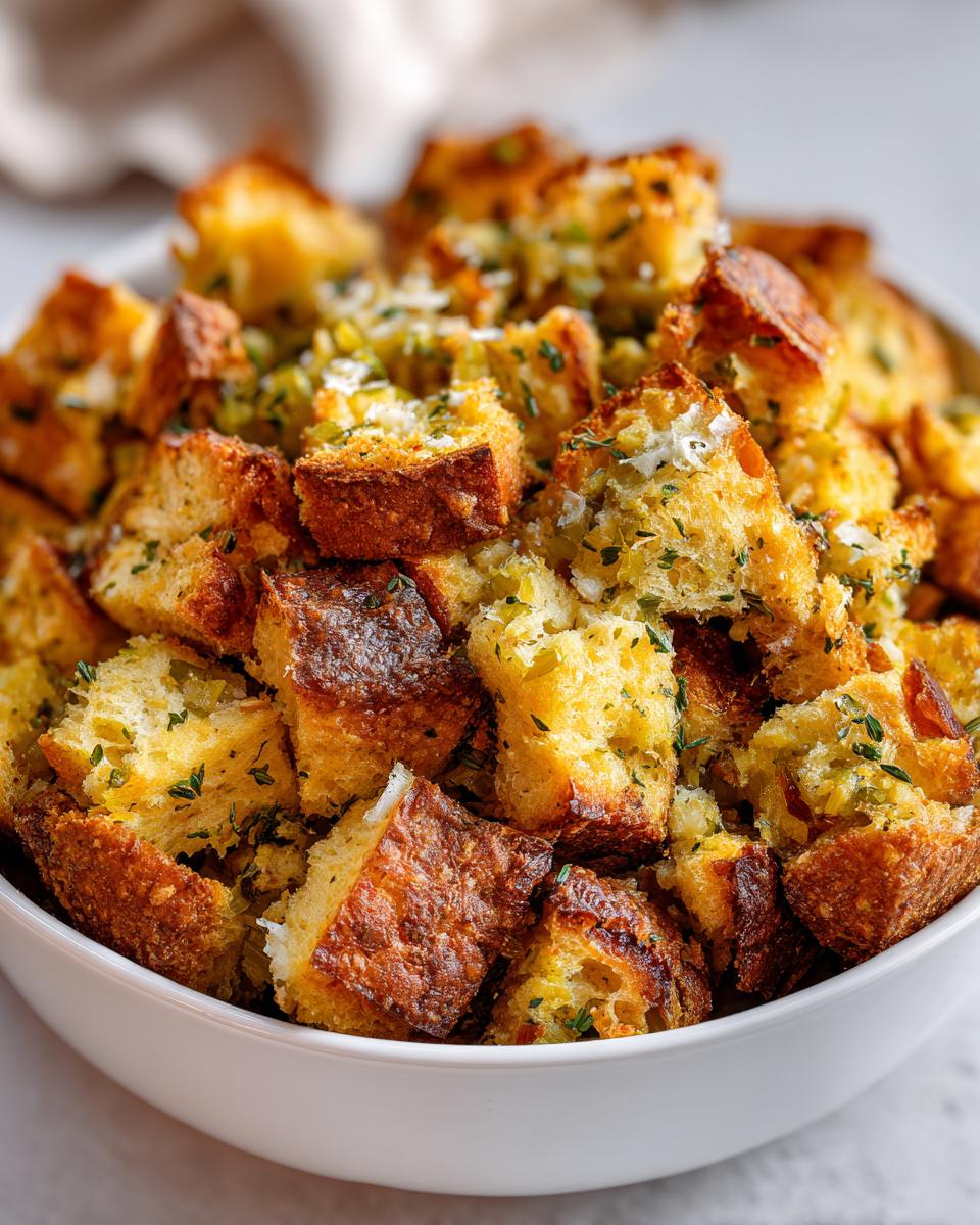 Close-up of golden brown bread cubes in a white bowl, representing delicious crock pot stuffing seasoned with herbs.